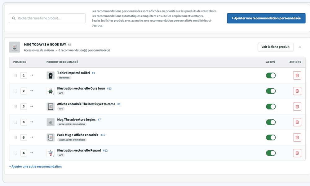 Interface de recommandations personnalisées avec ordre et activation